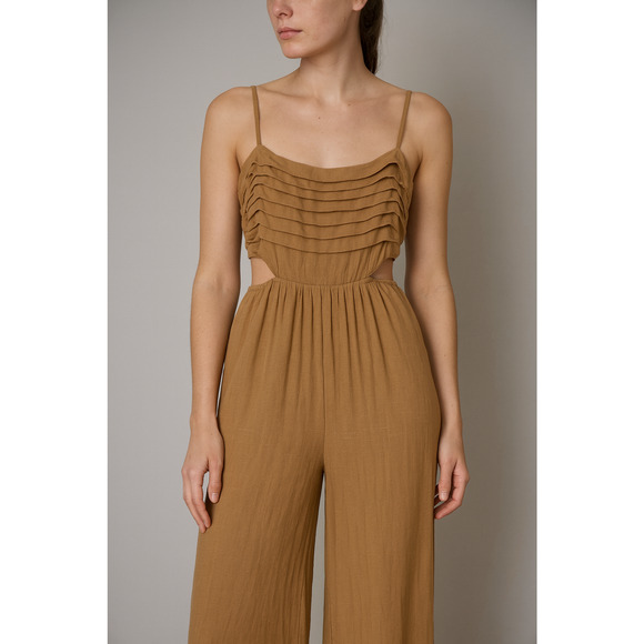 Allie Rose Bohme Jumpsuit Womens Large Brown Wide Leg Cutout Pleated Resort Boho - Picture 1 of 16